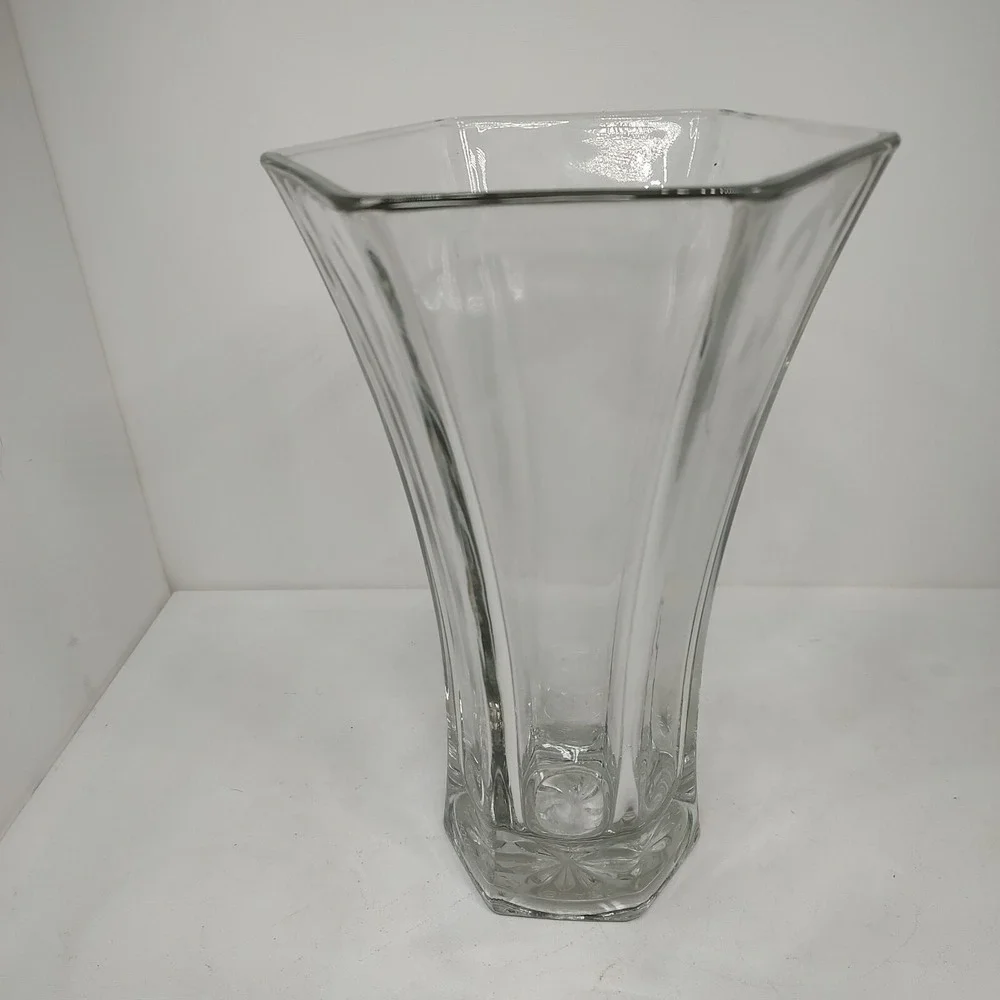 VTG HOOSIER 4041 Glass Vase Heavy 6 Side Hexagon Clear Vase Tall 10+ inch L22112